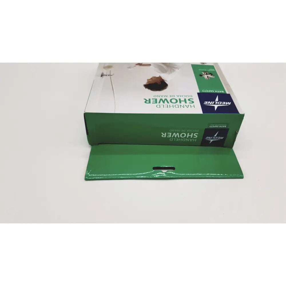 Green cardboard box packaging for medline handheld shower head with extra-long 84 inch hose and wall holder new