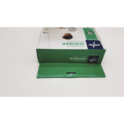 Green cardboard box packaging for medline handheld shower head with extra-long 84 inch hose and wall holder new