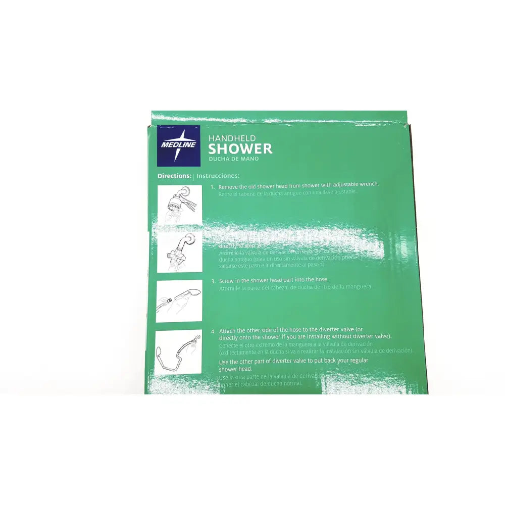 Green cardboard box packaging for medline handheld shower head with extra-long 84 inch hose and wall holder new