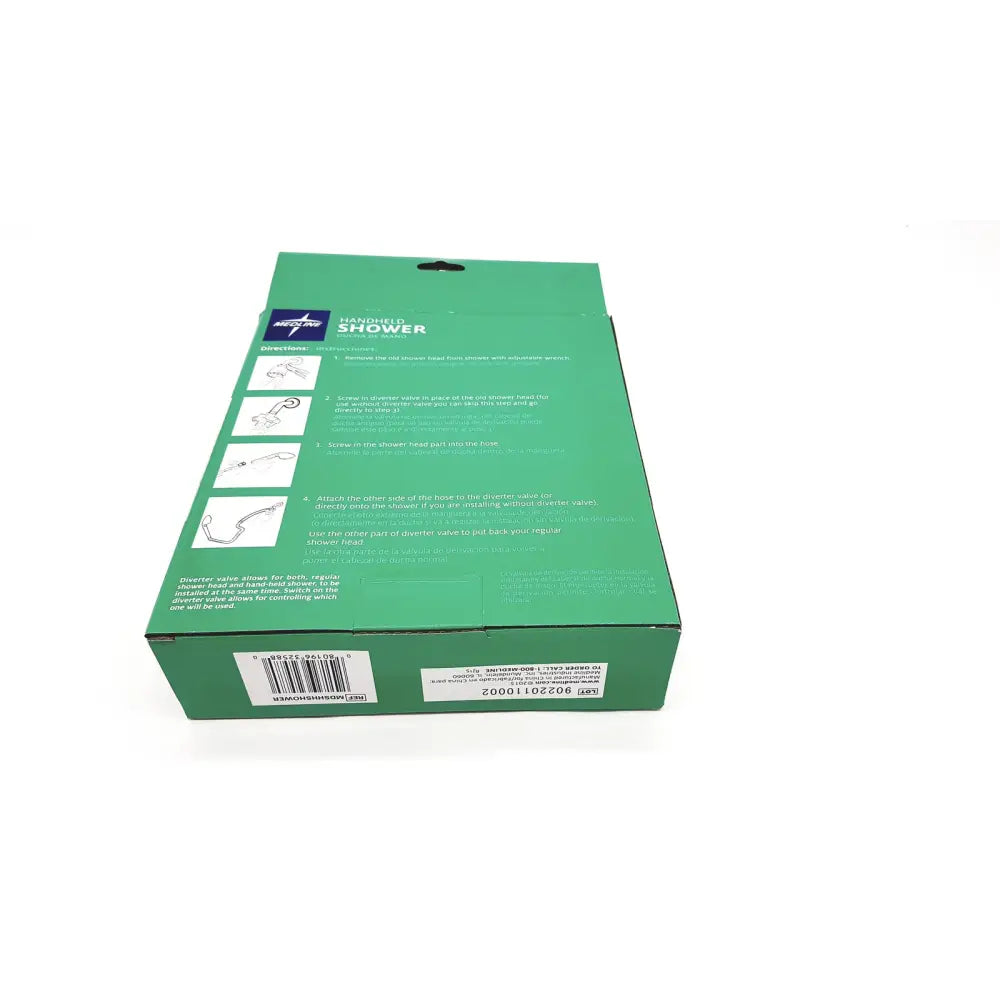 Green cardboard box packaging for medline handheld shower head with extra-long 84 inch hose and wall holder new