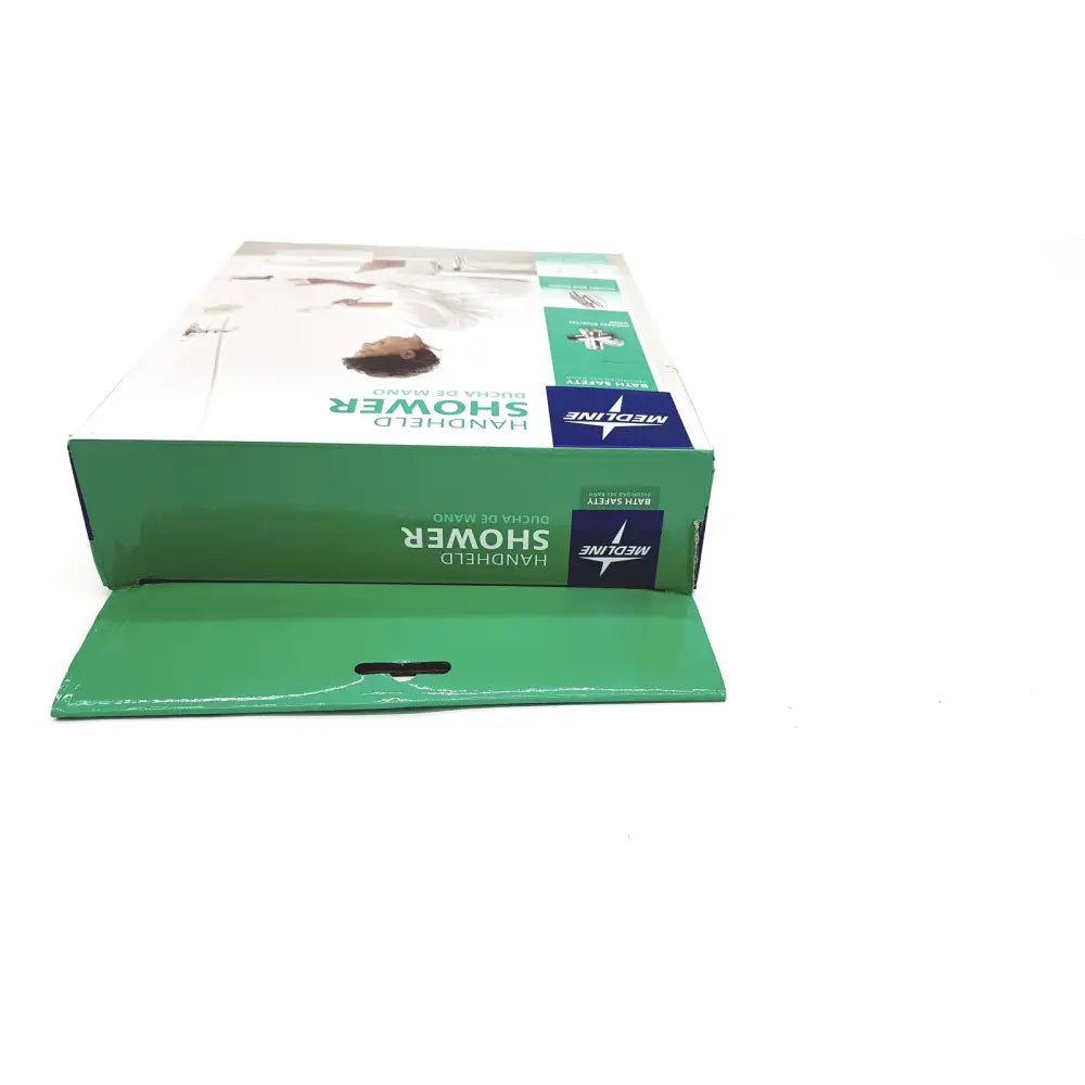 Green cardboard box for medline handheld shower head with extra-long 84 inch hose and wall holder packaging