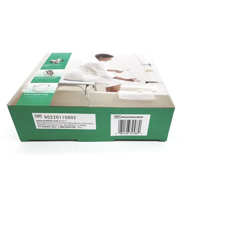 Green cardboard box showing medline handheld shower with extra-long 84 inch hose and wall holder on its side