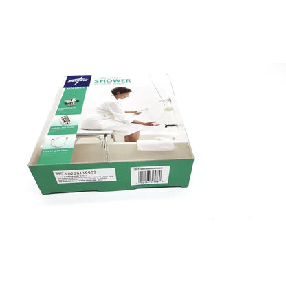 Green and white box of medline handheld shower head with extra-long 84 inch hose and woman using handheld shower head