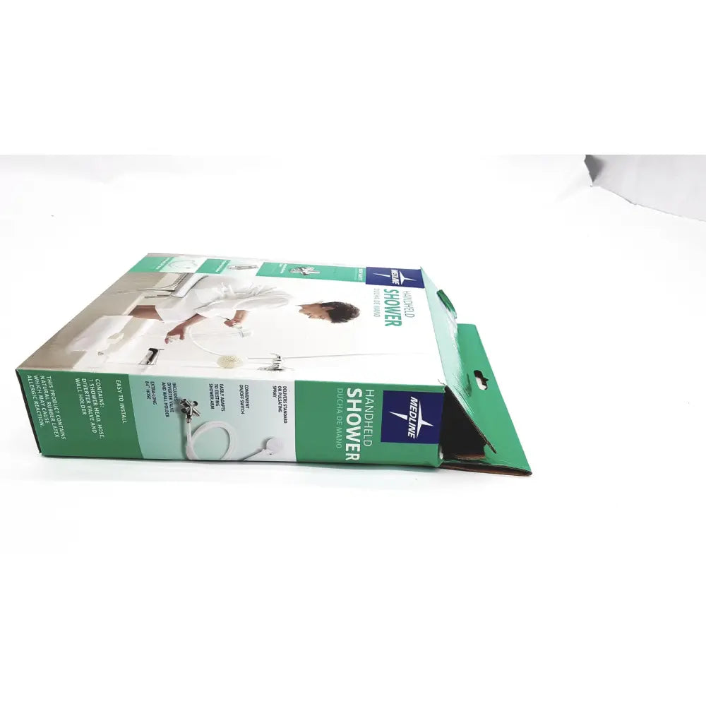 Green and white cardboard box for medline handheld shower head with extra-long 84 inch hose and wall holder new