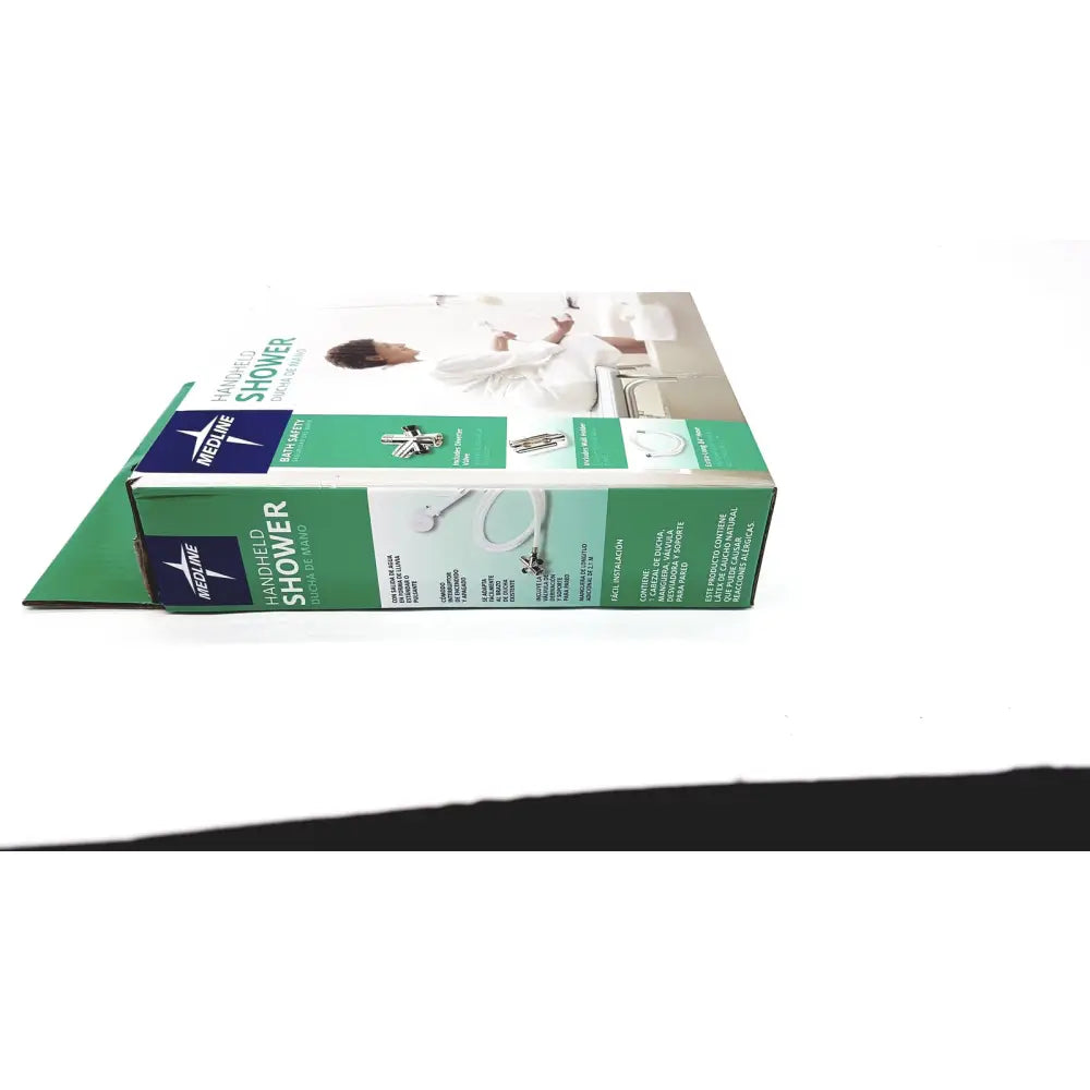 Green and white cardboard box for medline handheld shower with extra-long 84 inch hose and wall holder new packaging