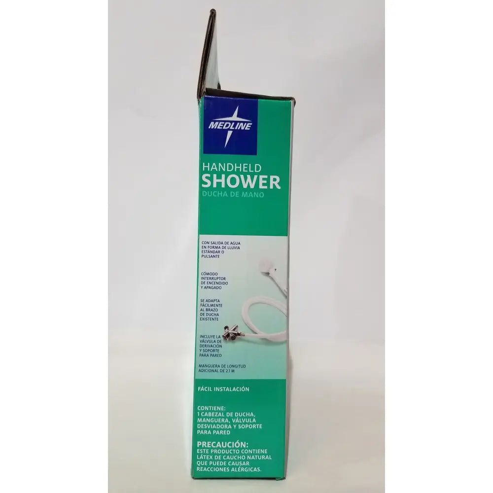 Green and white cardboard box for Medline handheld shower wand serving as a bathroom accessibility aid