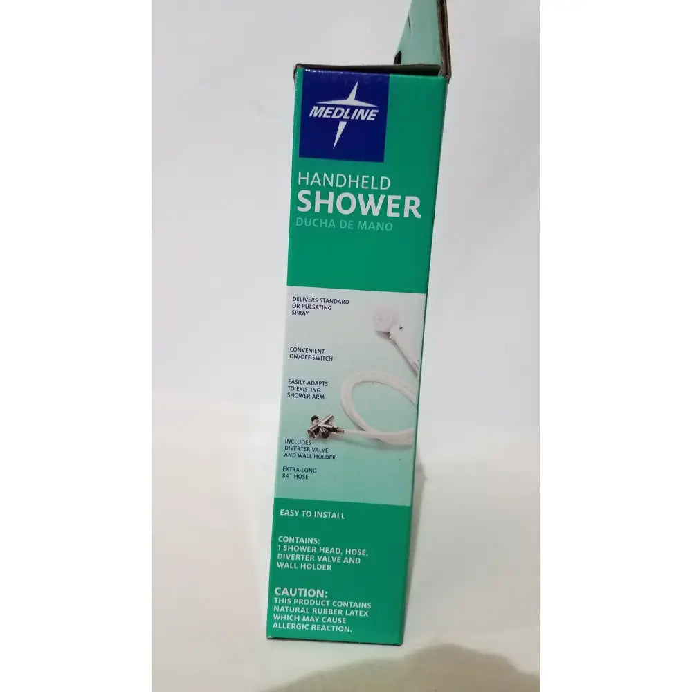 Medline handheld shower wand in green and white cardboard box designed as a bathroom accessibility aid