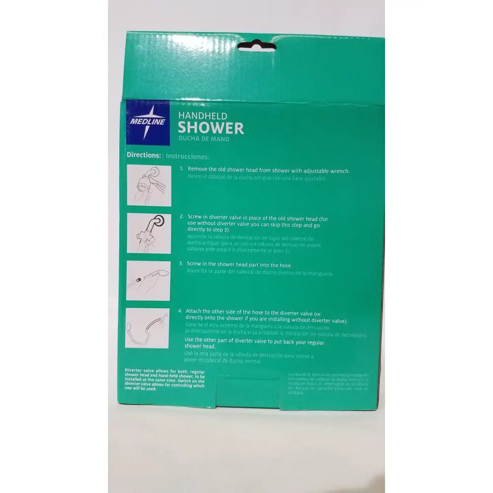 Green cardboard packaging for medline handheld shower wand serving as a bathroom accessibility aid product box