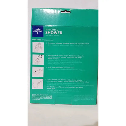 Green cardboard packaging for medline handheld shower wand serving as a bathroom accessibility aid product box