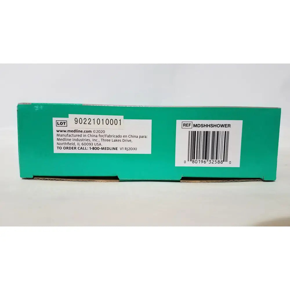 Teal cardboard box with white labels and barcode for medline handheld shower wand bathroom accessibility aid packaging