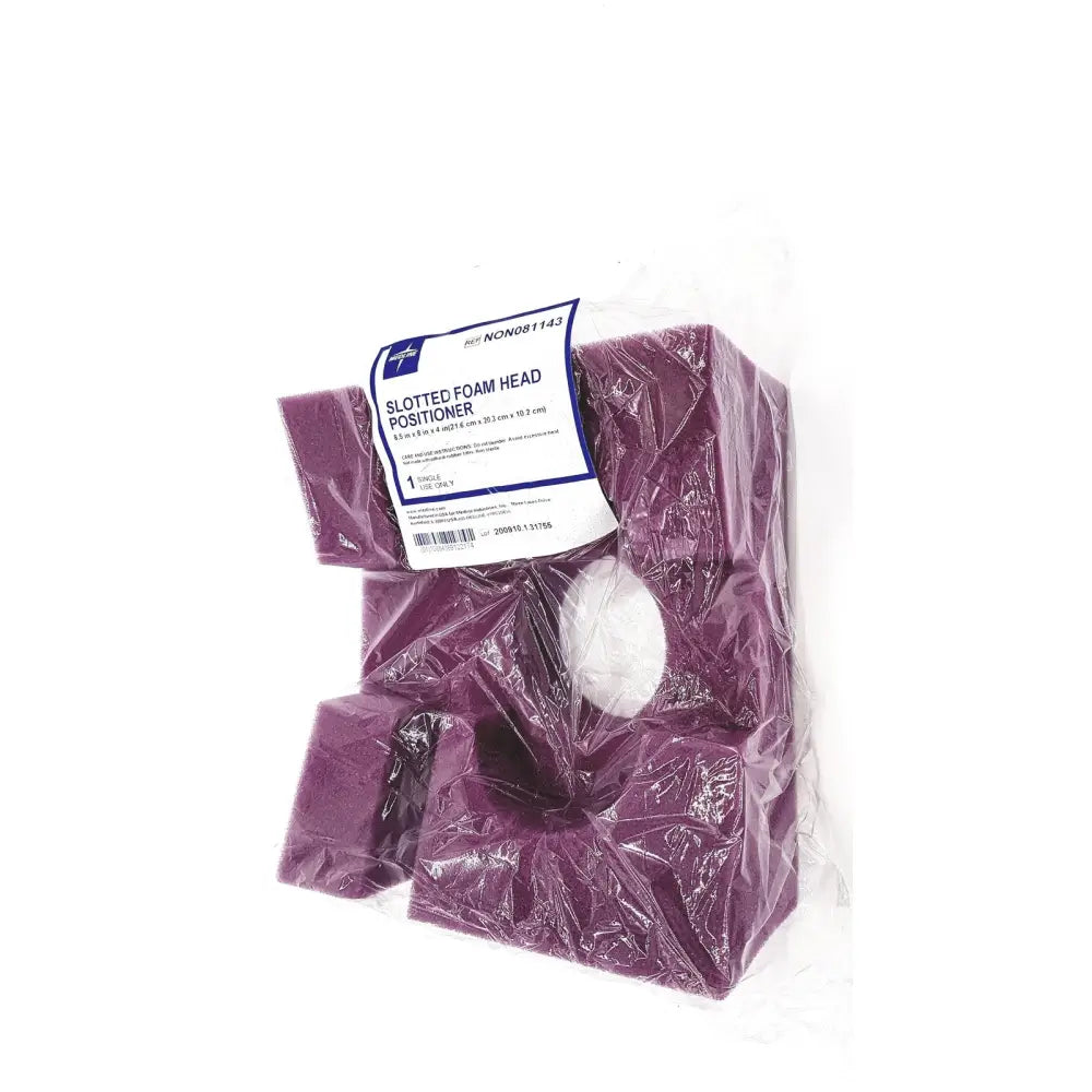 Medline non081143 slotted purple foam head positioner in clear plastic packaging for patient support