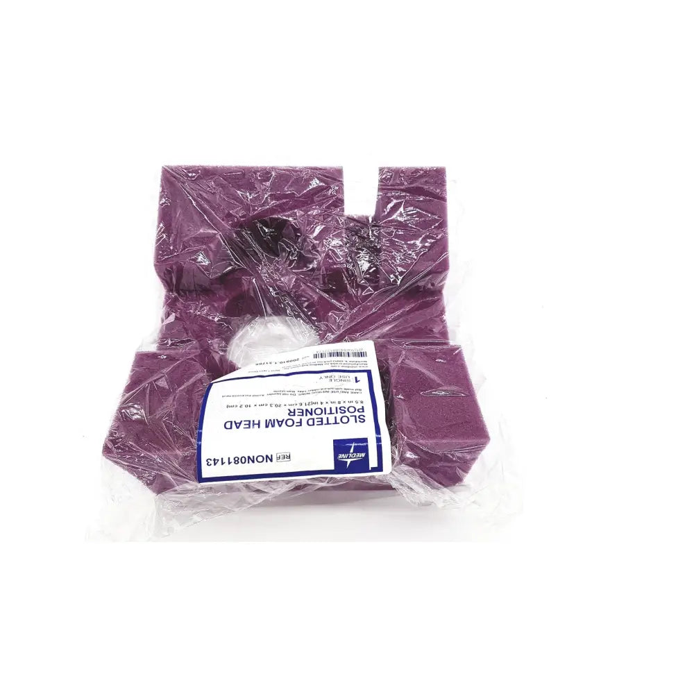 Medline non081143 slotted purple foam head positioner in clear plastic packaging measuring 8.5 by 8 by 4 inches