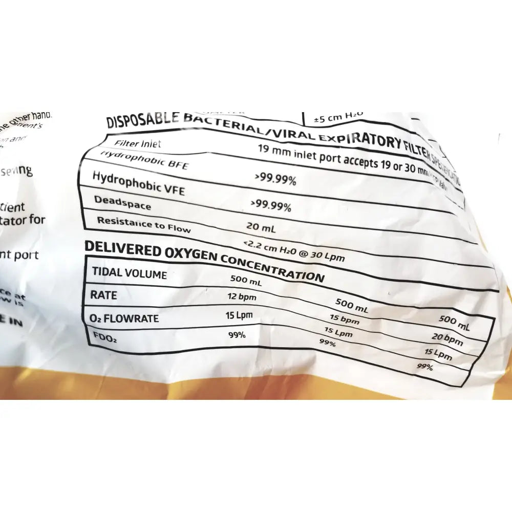 White paper packaging for disposable bacterial viral expiratory filter with black printed specifications for medline pediatric resuscitation bag cprm2216 lot of 6