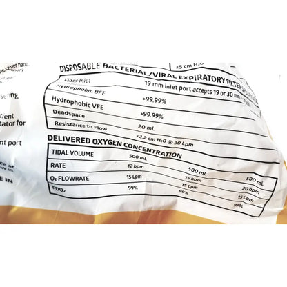 White paper packaging for disposable bacterial viral expiratory filter with black printed specifications for medline pediatric resuscitation bag cprm2216 lot of 6