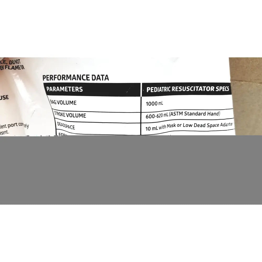White label with black text showing performance specifications on the back of medline pediatric resuscitation bag cprm2216 lot of 6