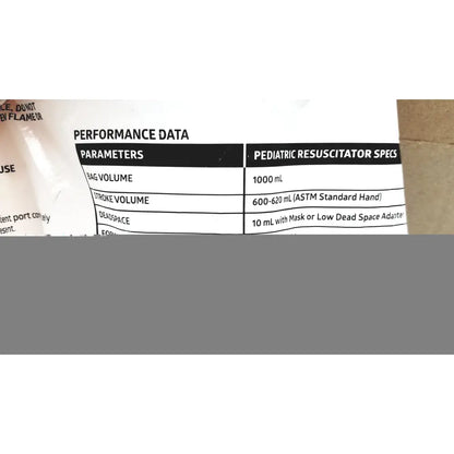 White label with black text showing performance specifications on the back of medline pediatric resuscitation bag cprm2216 lot of 6