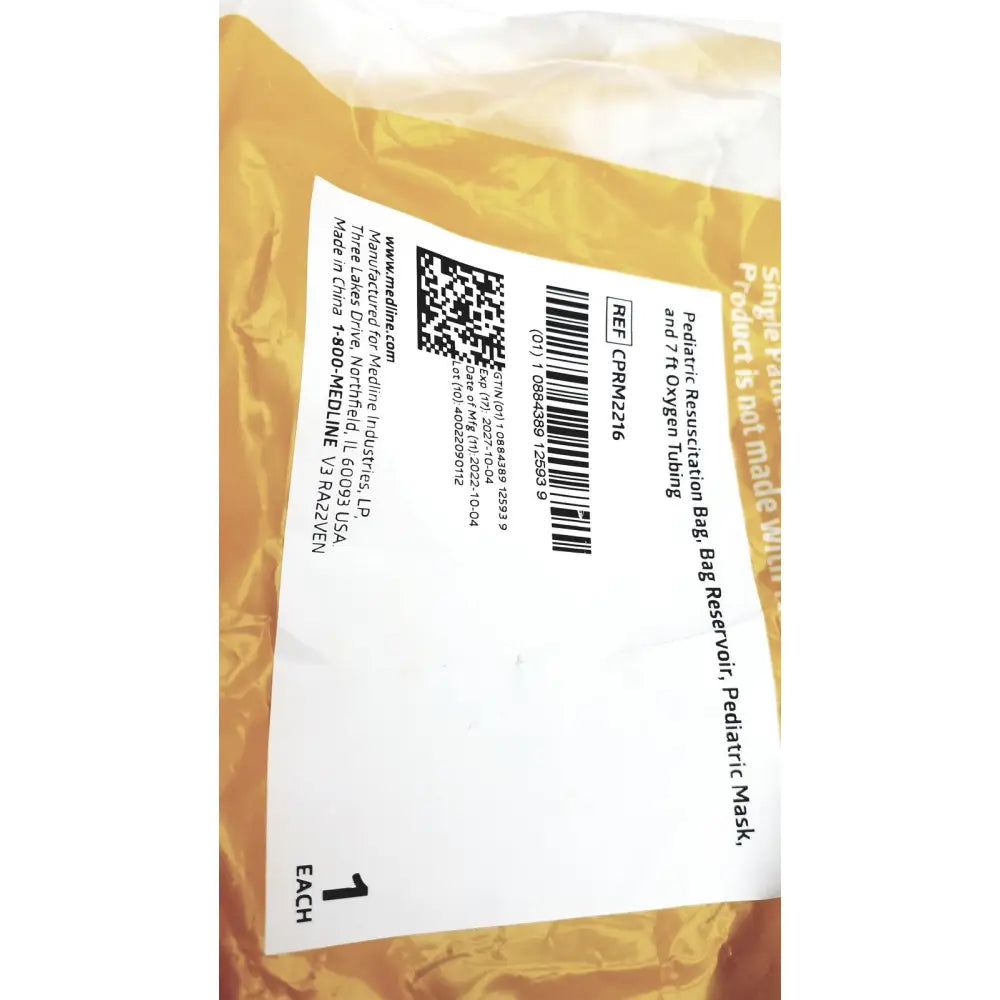 Medline pediatric resuscitation bag cprm2216 yellow flexible plastic body with black labeling for emergency use