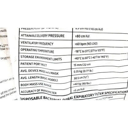 Technical specifications sheet for medline pediatric resuscitation bag cprm2216 lot of 6 designed for pediatric use