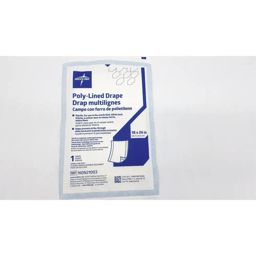 Medline sterile poly-lined white drape with blue printed labeling and hexagonal border drap multilignes non21003 18 x 26in