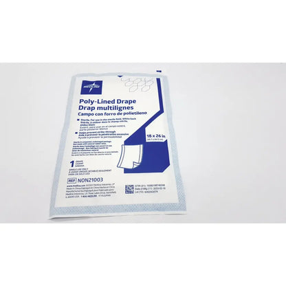 Medline poly-lined drape drap multilignes non21003 sterile white surgical drape with blue and white packaging design