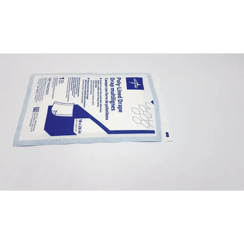 Medline poly-lined drape drap multilignes non21003 blue and white polyethylene 18 x 26 inches packaging view