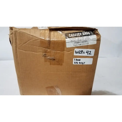 Brown cardboard box labeled cadaver bags containing medline post mortem black heavy duty disposable adult post mortem body bag