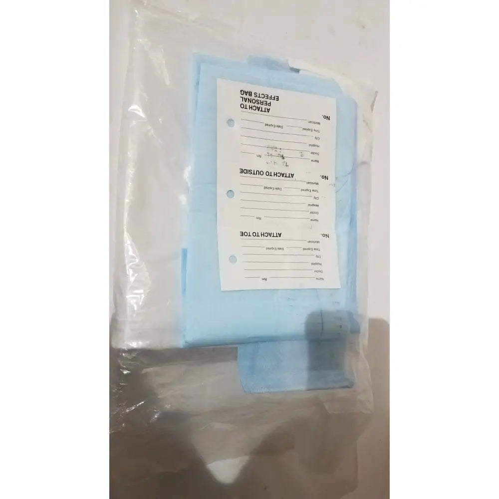 Light blue personal effects bag with white label for medline post mortem heavy duty disposable mortem body bag