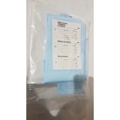 Light blue personal effects bag with white label for medline post mortem heavy duty disposable mortem body bag