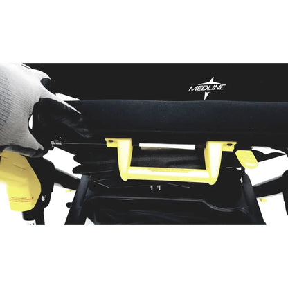 Yellow plastic handle on black medline rolling walker mds8684gblkm with hand brakes and cable light 300lb max capacity
