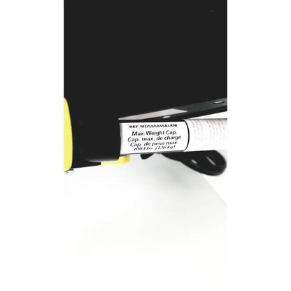 Black and yellow safety harness strap with white label showing max weight capacity on medline rolling walker mds8684gblkm