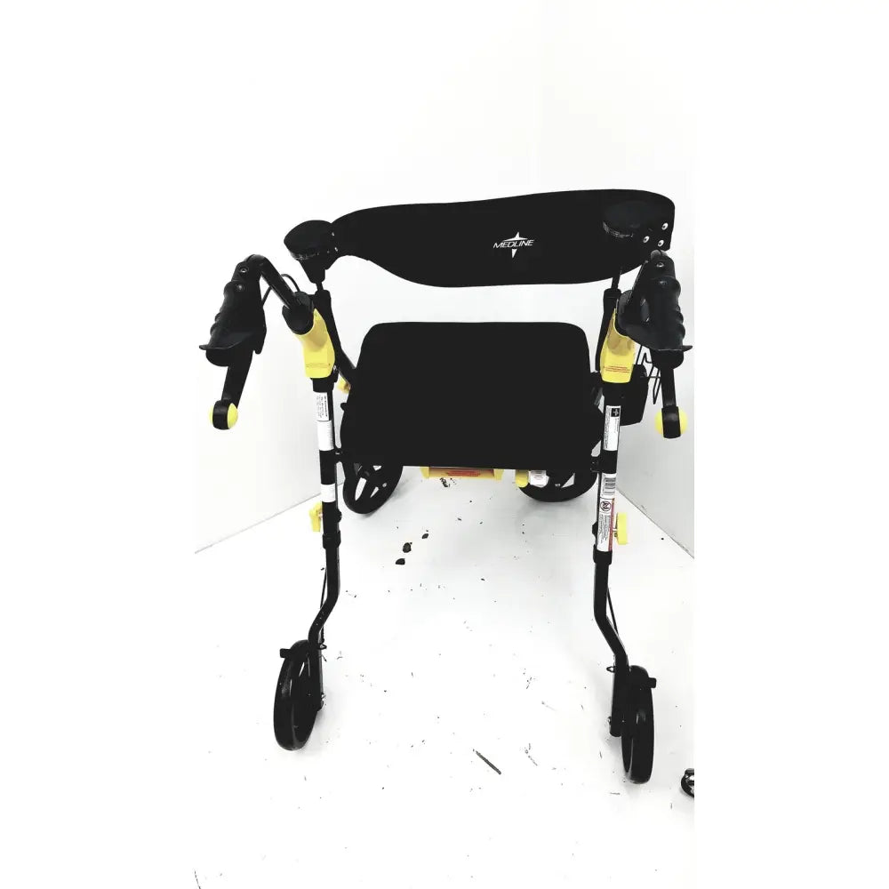 Black and yellow medline rolling walker mds8684gblkm with hand brakes padded seat backrest and kedline logo on headrest