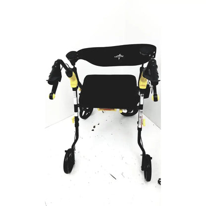 Black and yellow medline rolling walker mds8684gblkm with hand brakes padded seat backrest and kedline logo on headrest