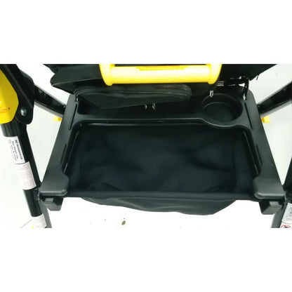 Black plastic utility cart with yellow handle and cup holder on medline rolling walker mds8684gblkm with hand brakes