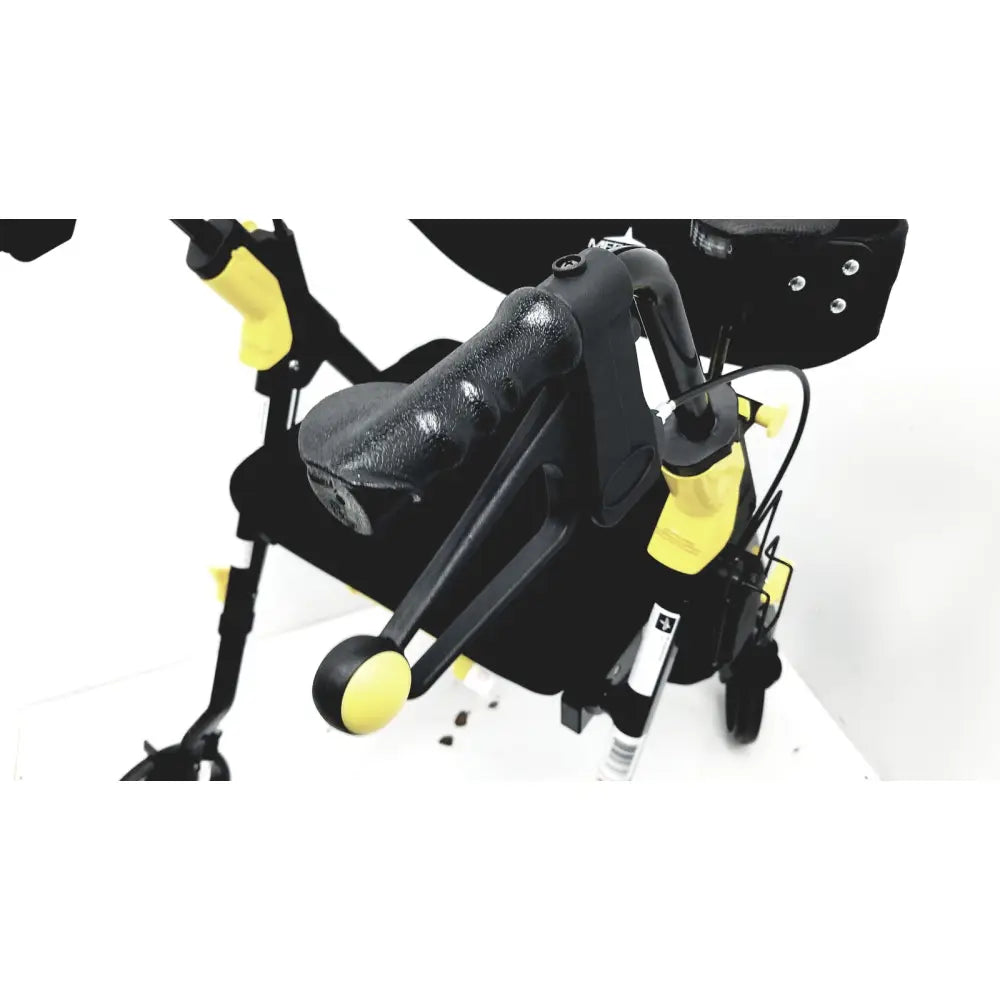 Black and yellow medline rolling walker mds8684gblkm with textured grip handlebars padded seat and hand brakes