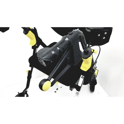 Black and yellow medline rolling walker mds8684gblkm with textured grip handlebars padded seat and hand brakes