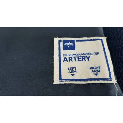 Blue and white embroidered label on medline sphygmomanometer artery large adult blood pressure cuff