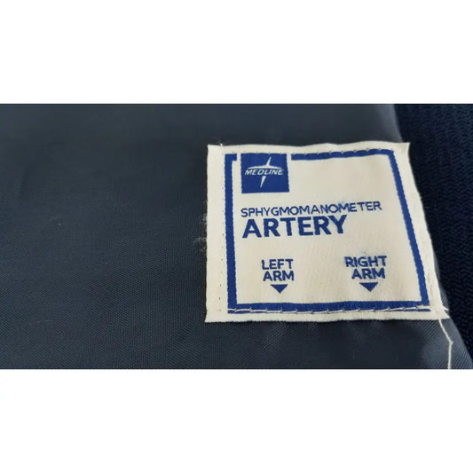 Blue and white embroidered label on medline sphygmomanometer artery large adult blood pressure cuff