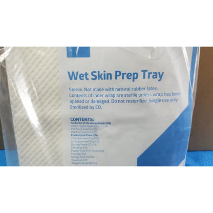 Medline wet skin prep tray in white with blue sterile packaging detailing contents for clean skin prep use