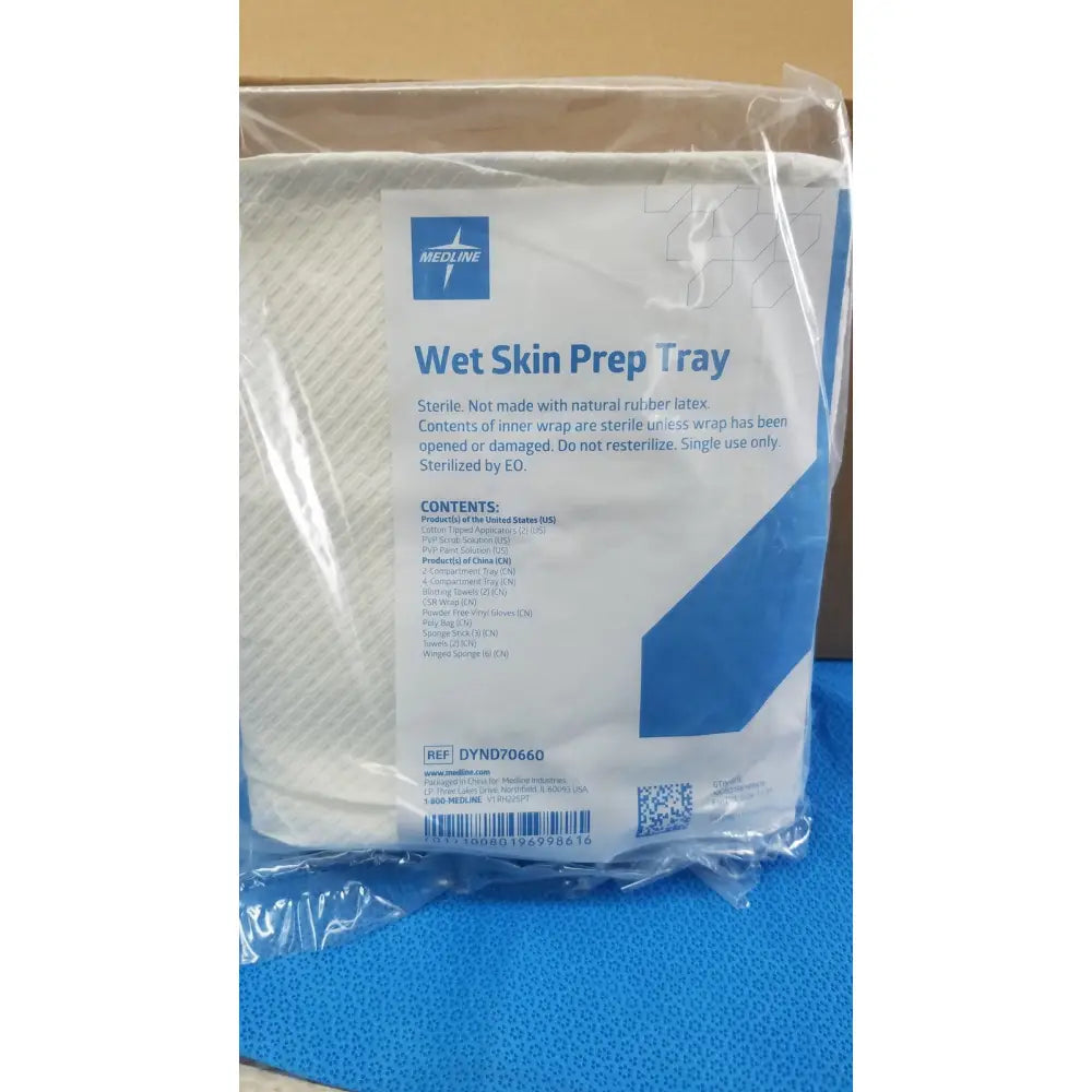 Medline wet skin prep tray d ynd70660 sterile white plastic tray with blue and gray labeling wrapped in clear plastic