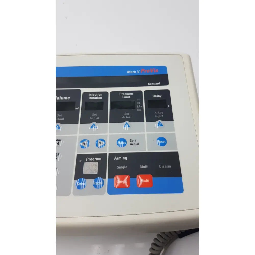 White plastic medrad mark v provis rd injector control panel with blue black labels red buttons and coiled cable panel power console