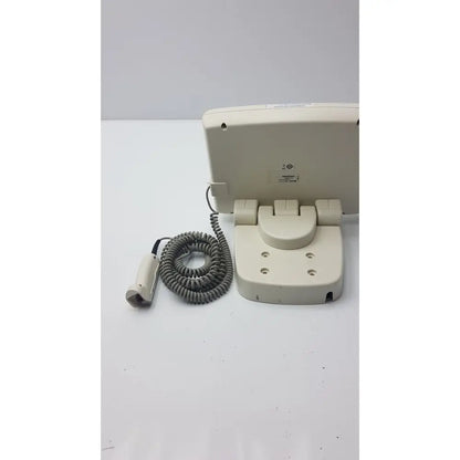 Beige medrad mark v provis rd injector control panel power console with coiled gray cable and handheld transducer