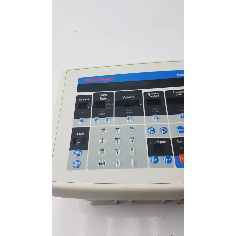 Beige plastic Medrad Mark V ProVis RD injector control panel with blue and black labeled buttons for panel power console