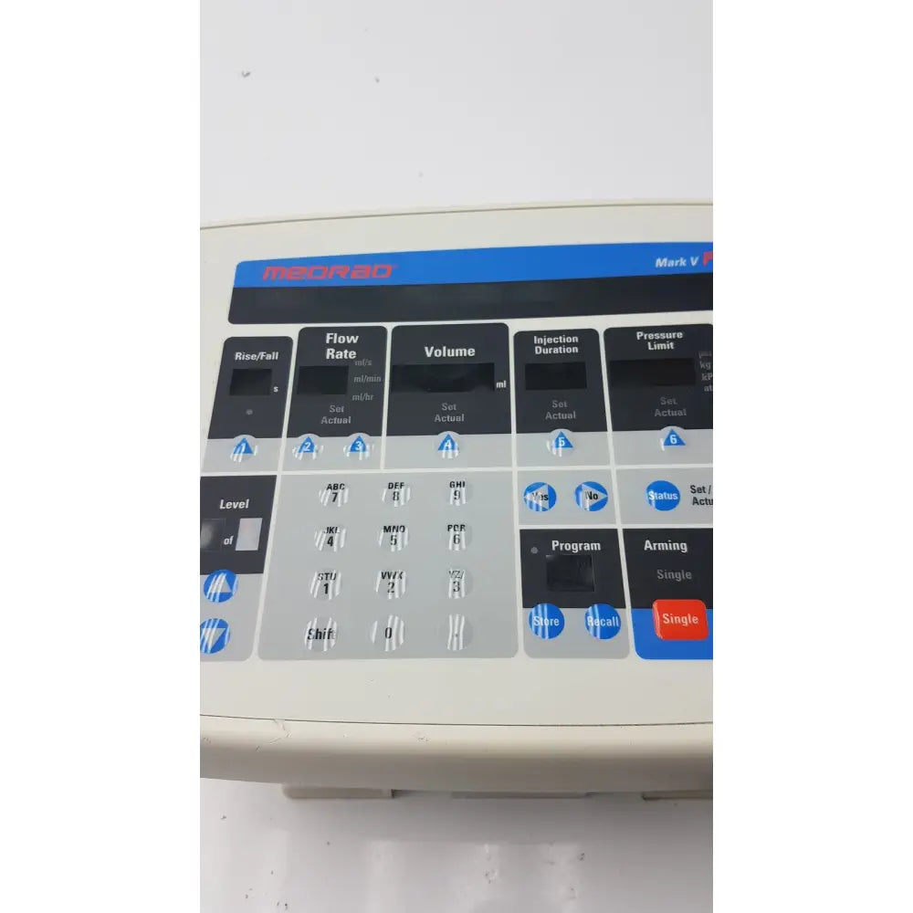 Beige medrad mark v provis rd medical infusion pump with blue and black injector control panel power console