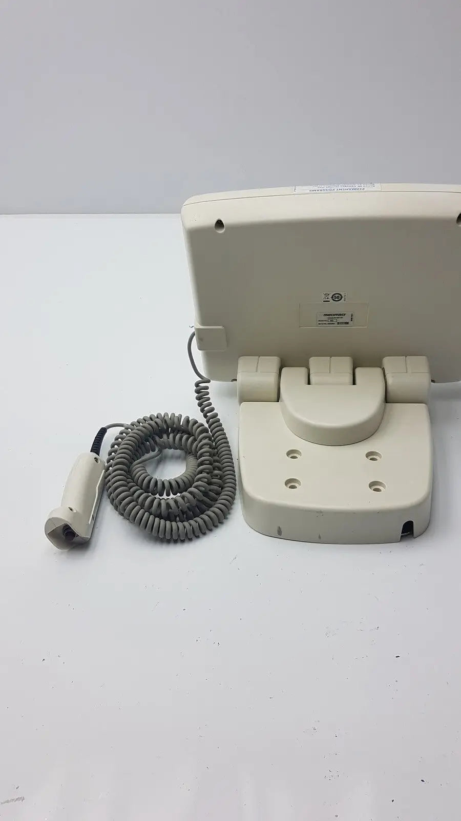 Beige medrad mark v provis rd injector control panel power console with coiled gray cable and handheld transducer