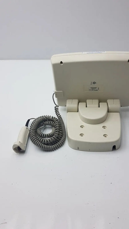 Beige medrad mark v provis rd injector control panel power console with coiled gray cable and handheld transducer
