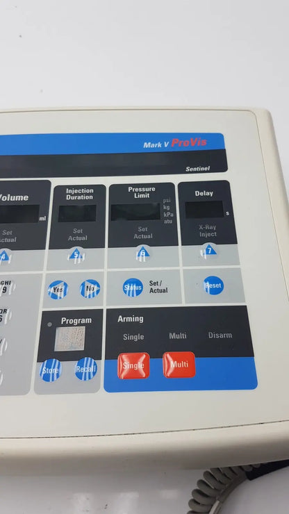 White plastic medrad mark v provis rd injector control panel with blue black labels red buttons and coiled cable panel power console