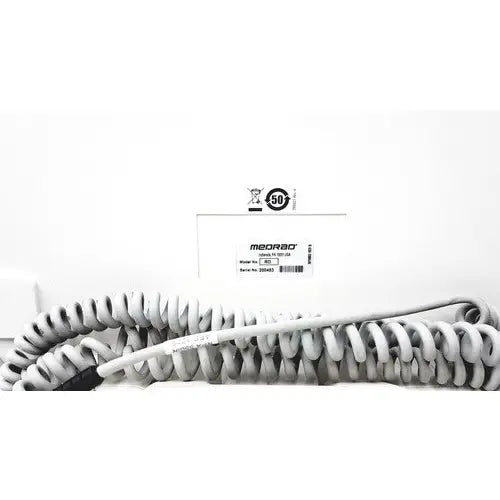 Coiled white medical cable with black connector labeled medrad for reuse medical mark v provis injector system