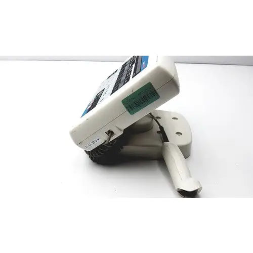 White plastic barcode label printer with black ink ribbon and handle for medrad mark v provis reuse medical injector
