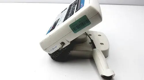 White plastic barcode label printer with black ink ribbon and handle for medrad mark v provis reuse medical injector