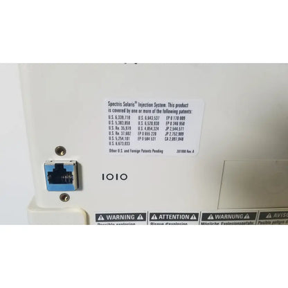 Back view of medrad spectris solaris ep mr contrast injector system monitor with blue ethernet port and patent label